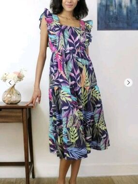 BeachLunchLounge Tropical Print Midi Dress Tie Back Ruffle Sleeveless Large